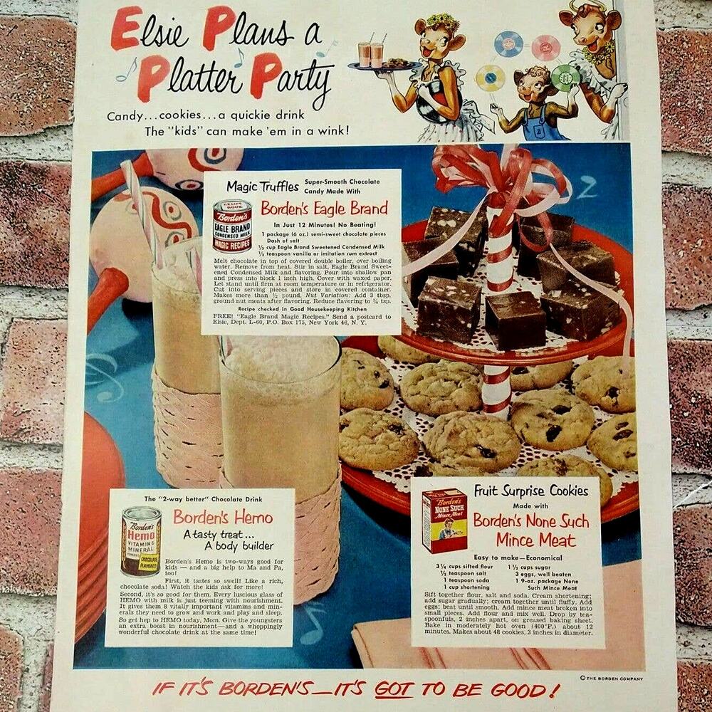 1950 - Borden - Elsie the Cow Plans a Platter Party -Original Retro Vtg PRINT AD